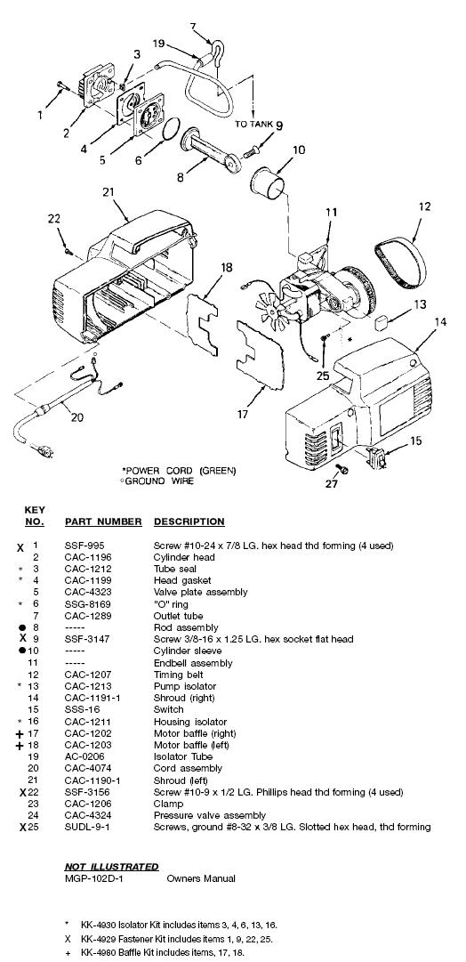 DEVILBISS MODEL 102D OIL FREE AIR COMPRESSOR PUMP AND MOTOR BREAKDOWN AND PARTS LIST